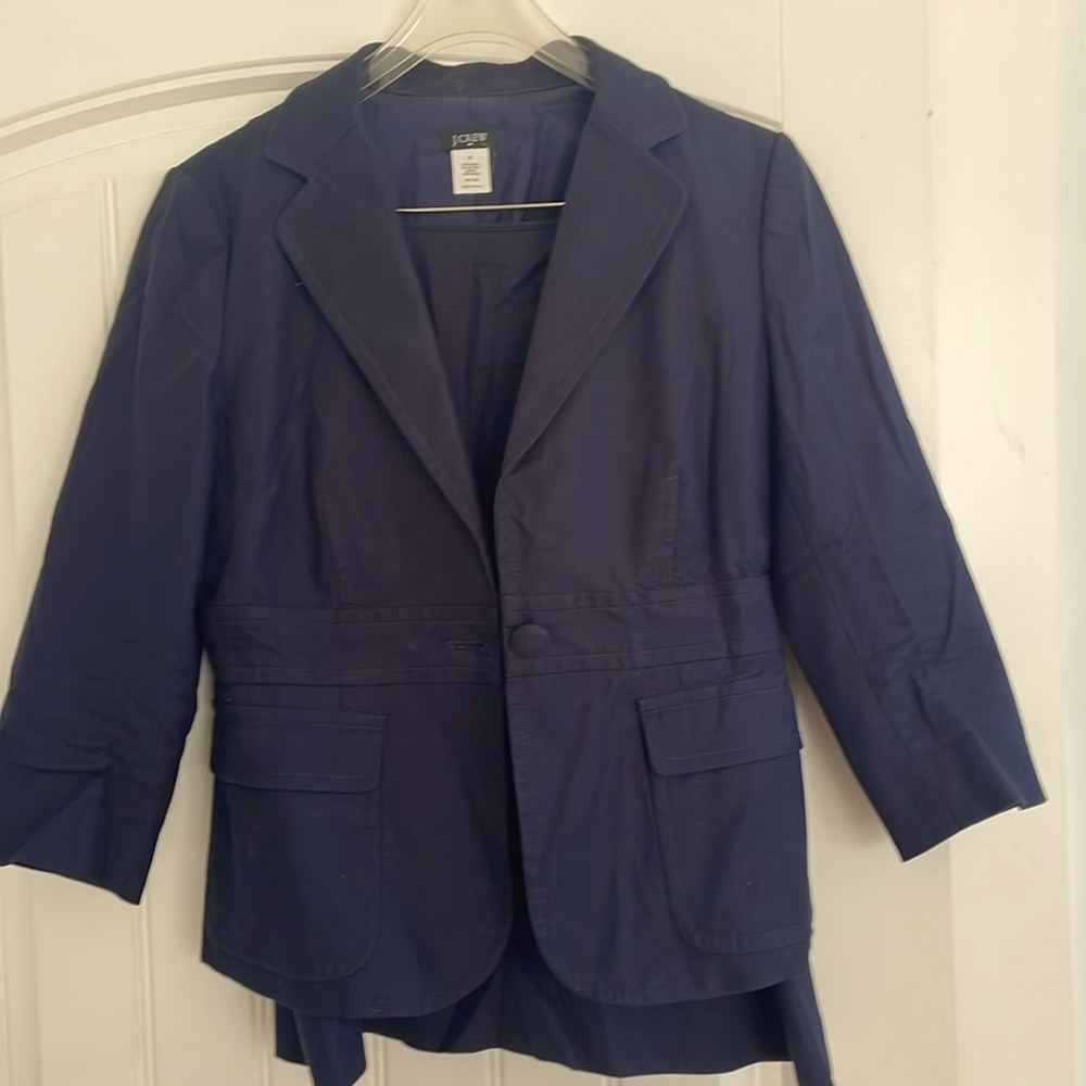 J.Crew navy cotton women’s suit blazer 8 and skirt is a size 10. Fully lined.